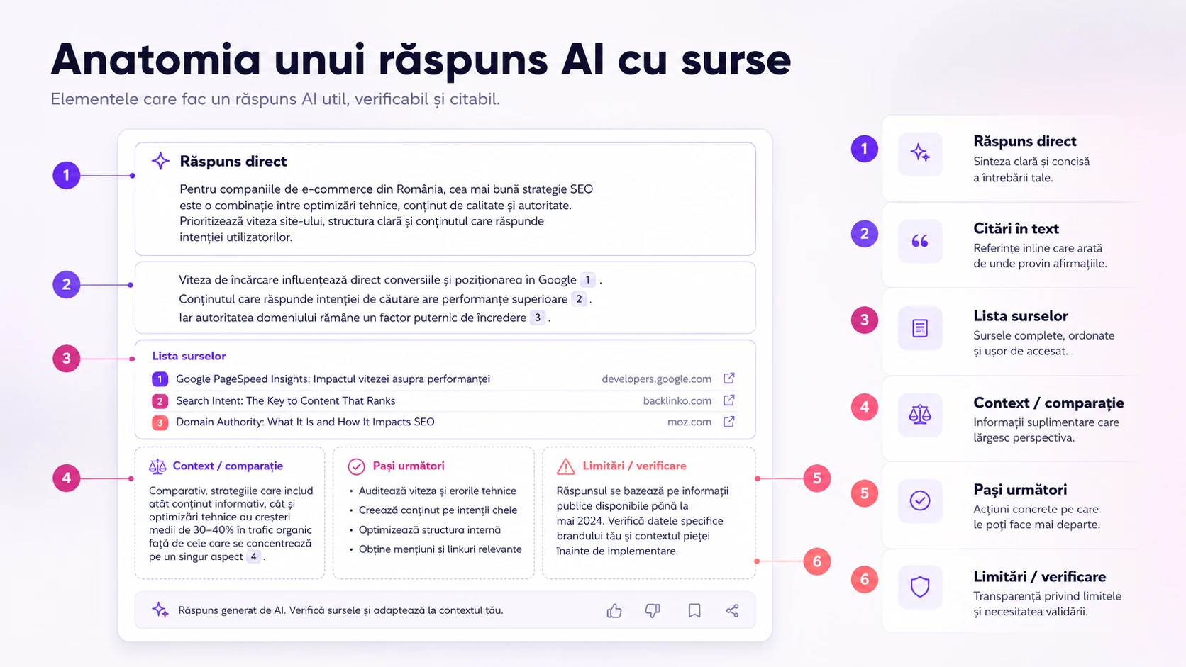 Mockup al unui răspuns AI Search cu definiție, criterii, surse, comparații și pași următori.